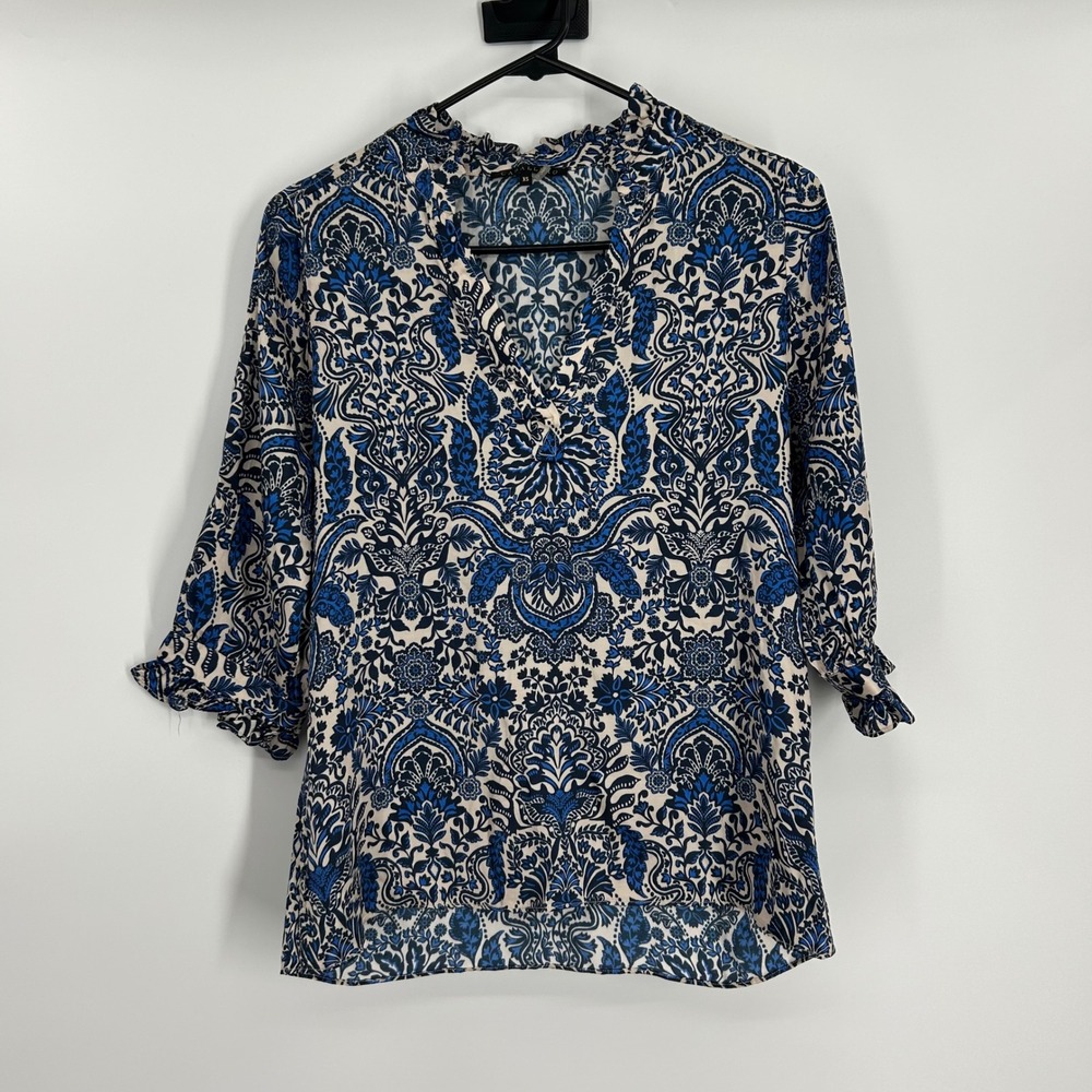 Caballero Women XS Blue Damask Paisley Ruffle V-Neck 3/4 Sleeve Viscose Blouse